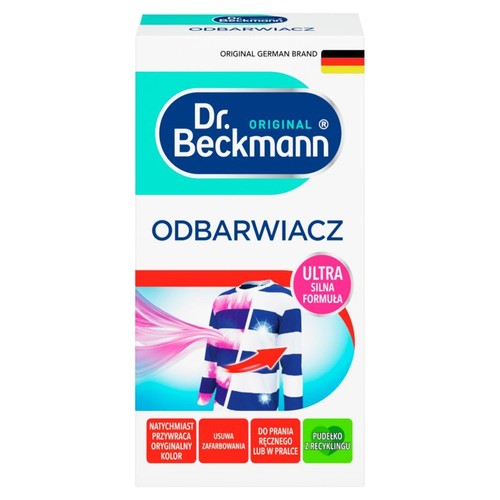 Opakowanie Dr. Beckmann Odbarwiacz. Produkt do usuwania zafarbowanych plam z ubrań, przywraca ich pierwotny wygląd.