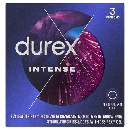 Opakowanie 3 prezerwatyw Durex Intense z prążkami i wypustkami stymulującymi. Z żelem Desirex™.