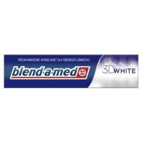 Opakowanie pasty do zębów blend-a-med 3D WHITE. Niebieska etykieta z białym napisem "blend-a-med" i "3D WHITE".