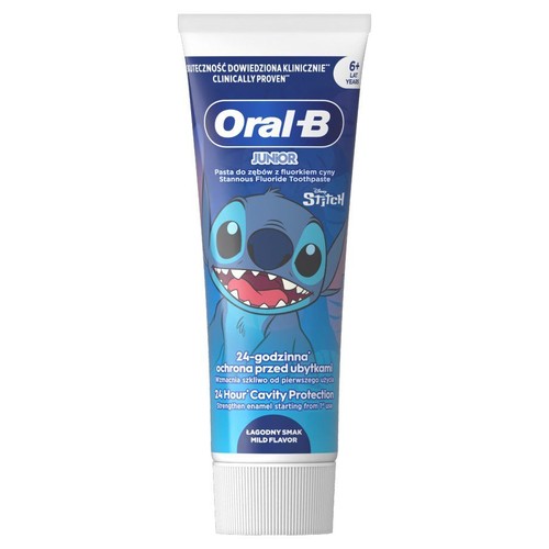 Pasta do zębów Oral-B Junior 6+ lat z fluorkiem cyny. Opakowanie z postacią Disneya Stitch. Zapewnia 24-godzinną ochronę przed ubytkami.