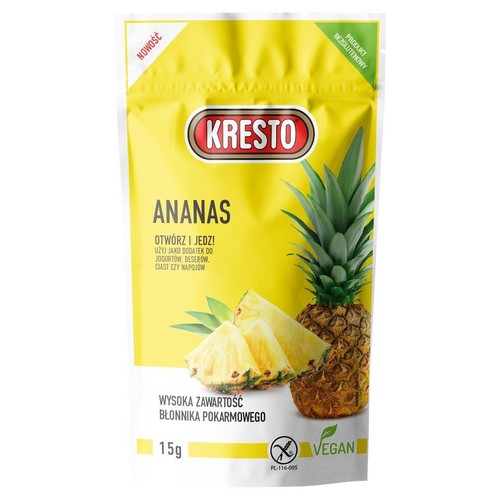 Żółto-biała torebka Kresto Ananas, 15g. Produkt bezglutenowy, wegański. Na opakowaniu widoczny cały ananas i dwa plastry. Idealny jako dodatek do jogurtów, deserów, ciast czy napojów.
