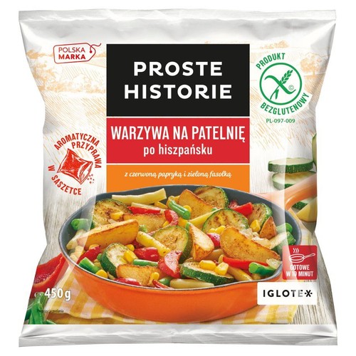 Biało-szare opakowanie Iglotex Proste Historie Warzywa na Patelnię po hiszpańsku, 450g. Na grafice patelnia z warzywami: ziemniaki, cukinia, papryka, fasolka, kukurydza.  