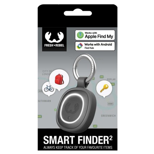 Lokalizator Fresh 'n Rebel Smart Finder 2. Ciemnoszary, owalny, z metalowym kółkiem. Śledzi przedmioty, działa z Apple i Android.
