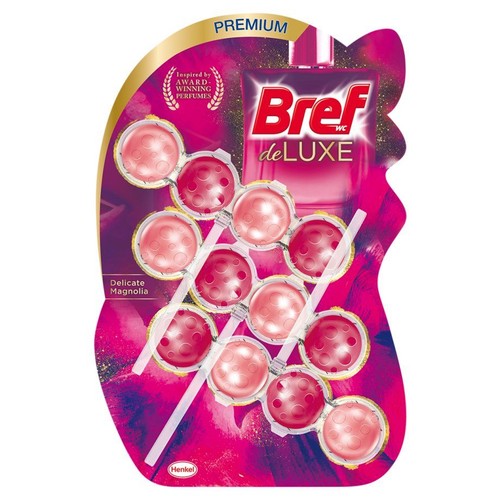 Opakowanie Bref WC de LUXE Delicate Magnolia. Zawiera 10 różowych kulek odświeżacza do toalety, ułożonych w dwóch rzędach.