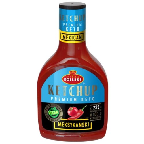 Ketchup Roleski Premium Keto Meksykański w butelce. Na niebieskiej etykiecie napis "Ketchup" i grafika pomidora z papryczką chili.