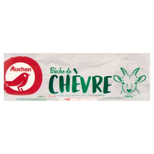 Ser kozi Auchan Bûche de Chèvre, 180g. Białe opakowanie z logo Auchan i zielonym napisem.