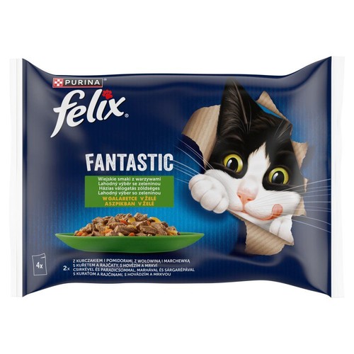 Ciemnoniebieska torebka karmy Felix Fantastic, 4 saszetki. Grafika kota i miski z wiejskimi smakami z warzywami.