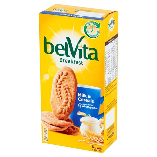 Ciastka śniadaniowe Belvita Mleko i Zboża, 300g. Na żółtym opakowaniu grafika ciastek, mleka i zbóż. Z 5 pełnymi ziarnami.