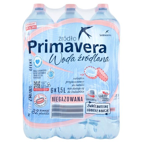 Zgrzewka 6 butelek wody źródlanej Primavera, każda po 1.5 litra. Woda niegazowana, polski produkt. Nakrętki przymocowane do butelek.