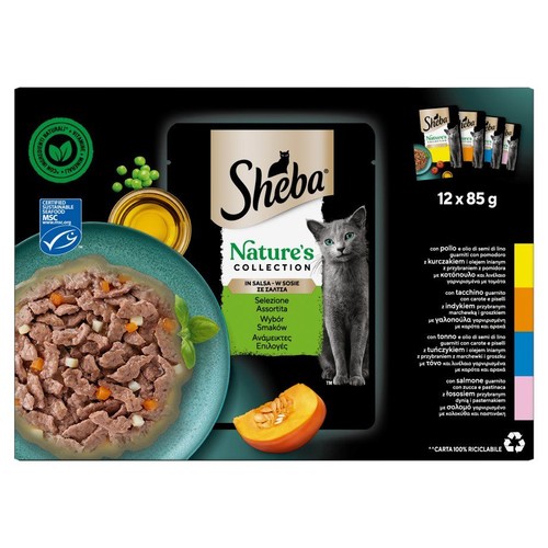 Zestaw karmy Sheba Nature's Collection dla kotów, 12 saszetek po 85g. Różne smaki w sosie. Na opakowaniu ilustracja kota.