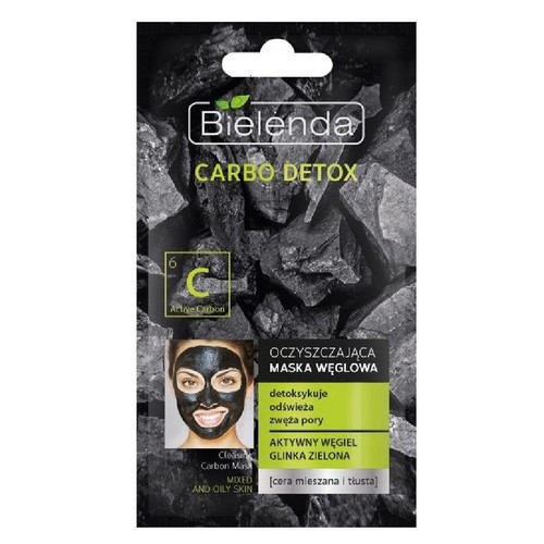 Saszetka oczyszczającej maski węglowej Bielenda Carbo Detox. Produkt z aktywnym węglem i zieloną glinką, przeznaczony do cery mieszanej i tłustej. Maska detoksykuje, odświeża i zwęża pory, poprawiając wygląd skóry.