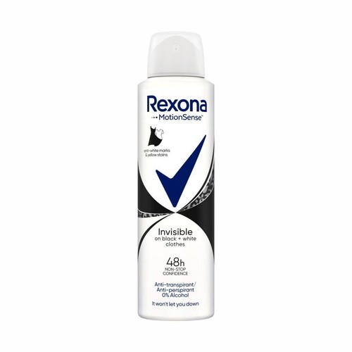 Biała puszka antyperspirantu Rexona MotionSense 150ml, z czarno-białą grafiką i niebieskim znacznikiem. Niewidoczny na ubraniach.