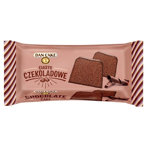 Opakowanie Dan Cake Ciasto Czekoladowe z grafiką dwóch kawałków ciasta i wiórków czekoladowych.