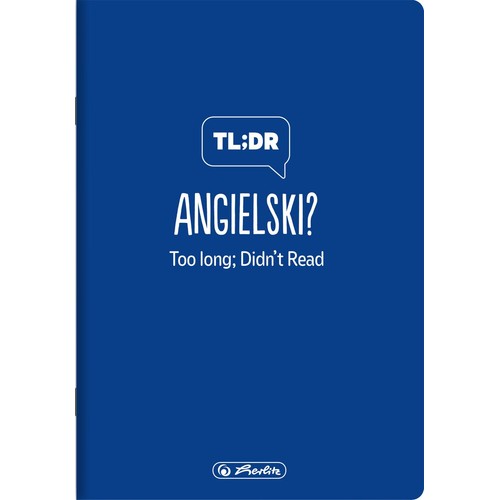 Niebieski zeszyt z białym napisem "TL;DR ANGIELSKI? Too long; Didn't Read" i logo Berlitz.