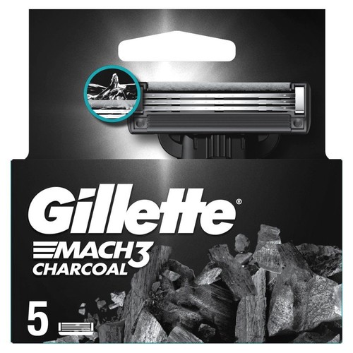 Wkłady do maszynki Gillette Mach3 Charcoal, 5 sztuk. Na opakowaniu grafika węgla i widoczna głowica.