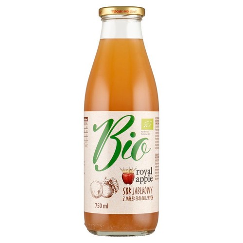 Sok jabłkowy Bio Royal Apple w szklanej butelce o pojemności 750 ml. Etykieta z napisem "Bio" i grafiką jabłek.