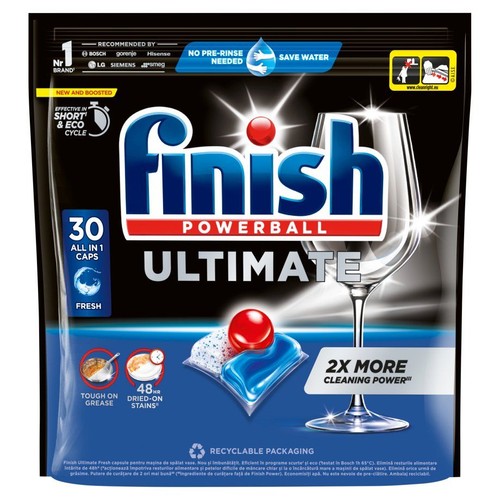 Opakowanie 30 kapsułek Finish Powerball Ultimate All in 1 Fresh do zmywarki. Zapewniają 2x większą moc czyszczenia.
