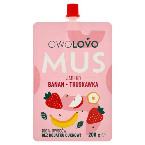 Różowa saszetka musu Owolovo z czerwoną nakrętką. Na opakowaniu grafiki jabłek, bananów i truskawek. Produkt zawiera 100% owoców i jest bez dodatku cukrów. Waga netto 200 gramów.
