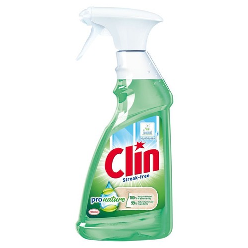 Zielona butelka sprayu Clin Streak-free pronature. Na etykiecie logo Ecolabel i informacja o 100% plastiku z recyklingu.
