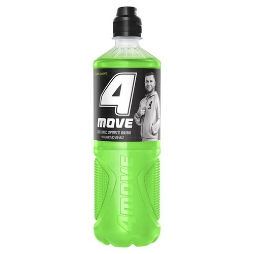 Butelka 4MOVE, napój izotoniczny 750 ml. Etykieta z napisem 4MOVE i grafiką mężczyzny. Smak limonka i mięta.