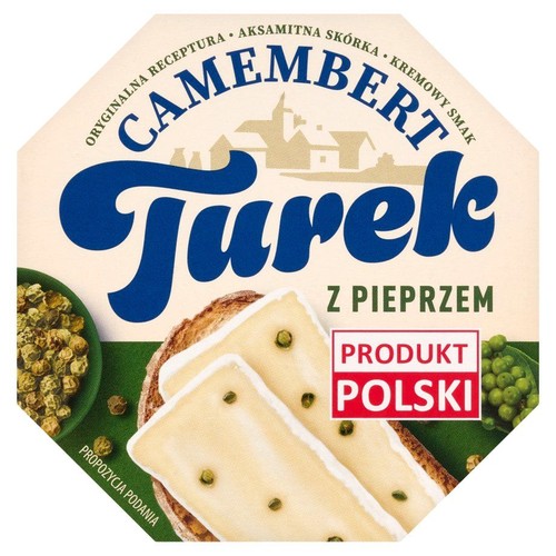 Biało-niebieskie, ośmiokątne opakowanie sera Camembert Turek z pieprzem. Etykieta zawiera hasła "Oryginalna receptura", "Aksamitna skórka", "Kremowy smak". Na opakowaniu grafika z plasterkami sera i zielonym pieprzem.