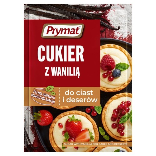 Opakowanie Prymat Cukier z Wanilią. Produkt do pieczenia, z grafiką deserów z truskawkami, malinami i borówkami.