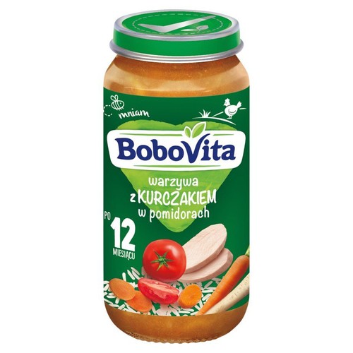 BoboVita, słoiczek z daniem warzywnym z kurczakiem w pomidorach. Przeznaczone dla dzieci powyżej 12 miesiąca życia.