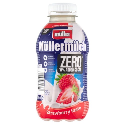 Butelka Müllermilch Zero o smaku truskawkowym, 380 ml. Na etykiecie grafika truskawek i napis "0% dodanego cukru".