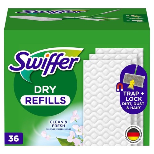 Zielone opakowanie Swiffer Dry Refills, 36 sztuk. Wkłady do mopa, czyste i świeże.