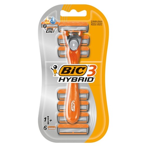 Zestaw do golenia BIC 3 Hybrid w blistrze. Zawiera pomarańczowy uchwyt z 3 ostrzami oraz 6 wymiennych wkładów, każdy z 3 ostrzami. Wkłady wzbogacone są witaminą E i aloesem, zapewniając komfortowe golenie. System Clic! ułatwia wymianę.