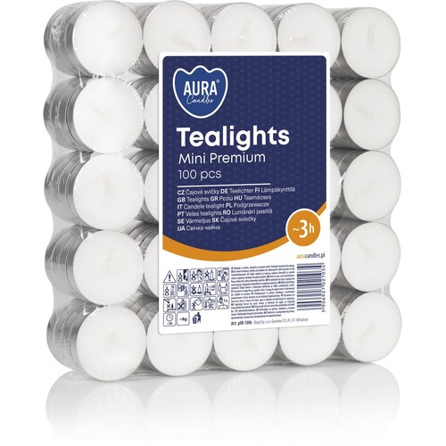 Zestaw 100 świeczek typu tealight Aura Candles, białe, w srebrnych pojemnikach. Każda pali się około 3 godziny.