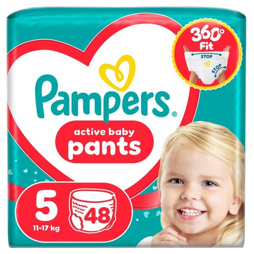 Paczka pieluchomajtek Pampers Active Baby Pants, rozmiar 5, 48 sztuk. Widoczna grafika dziecka i symbol 360° Fit.