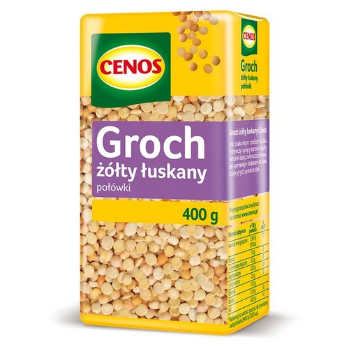 Cenos Groch żółty łuskany połówki w żółto-fioletowym opakowaniu, z widocznymi ziarnami. Waga 400 g.