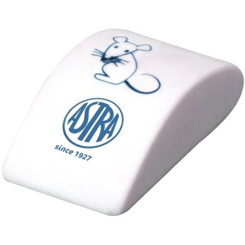 Biała, ergonomiczna gumka do mazania marki Astra. Na górnej powierzchni widnieje niebieski rysunek myszy oraz logo Astra z datą "od 1927". Produkt ma zaokrąglone krawędzie i gładką teksturę.