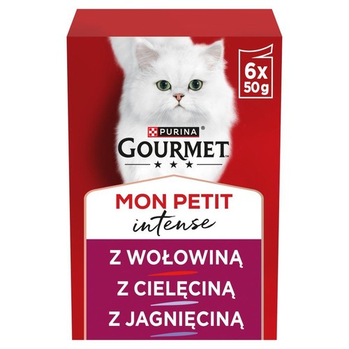 Kartonowe opakowanie karmy dla kota Purina Gourmet Mon Petit Intense, 6x50g. Z grafiką białego kota i trzema smakami mięsnymi.