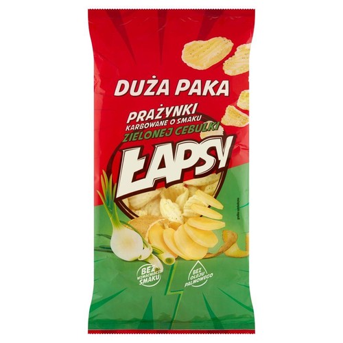 Lapsy Prażynki karbowane z zieloną cebulką, duża paczka. Bez wzmacniaczy smaku, bez oleju palmowego.