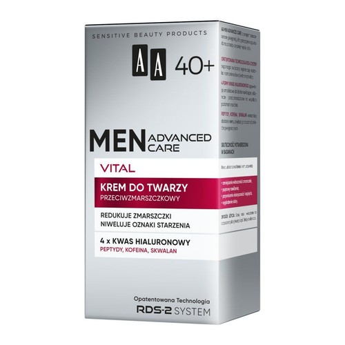 AA Men Advanced Care Vital 40+, krem do twarzy przeciwzmarszczkowy. Redukuje zmarszczki i niweluje oznaki starzenia.