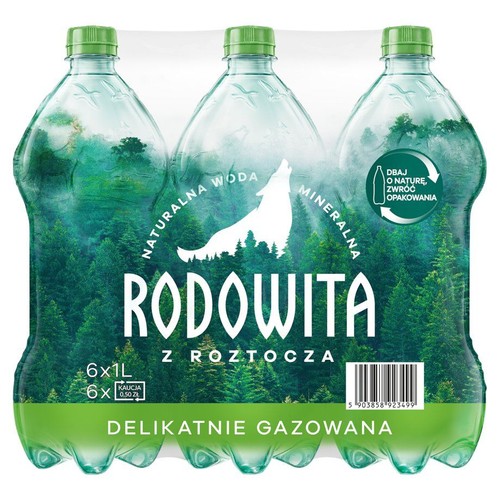 Zgrzewka sześciu plastikowych butelek wody mineralnej Rodowita z Roztocza, każda o pojemności 1 litra. Woda jest delikatnie gazowana. Etykieta przedstawia zielony las i białą sylwetkę wyjącego wilka. Widoczny napis "Dbaj o naturę, zwróć opakowania".