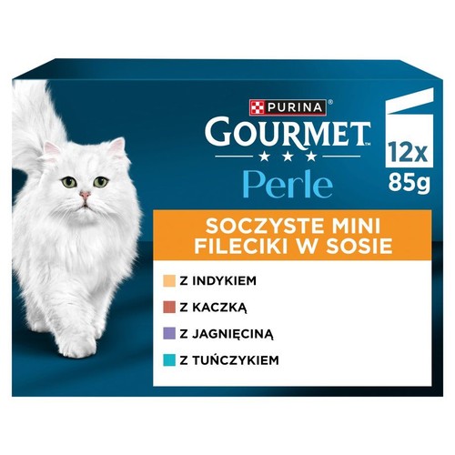Opakowanie karmy dla kota Purina Gourmet Perle, 12x 85g. Soczyste mini fileciki w sosie z indykiem, kaczką, jagnięciną i tuńczykiem.