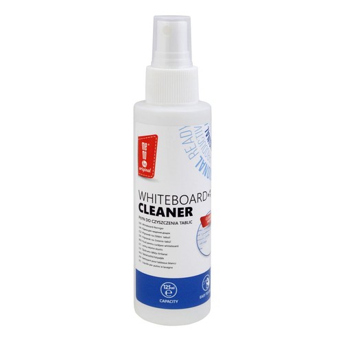 Biała butelka sprayu me-mo be original Whiteboard Cleaner, płyn do czyszczenia tablic, o pojemności 125 ml. Na etykiecie widnieje logo me-mo be original oraz informacja o łatwości użycia. Produkt jest opisany jako profesjonalny i oryginalny.