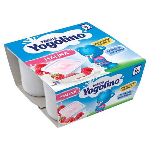 Opakowanie jogurtów Nestlé Yogolino Malina. Produkt dla niemowląt od 6. miesiąca, z wapniem.