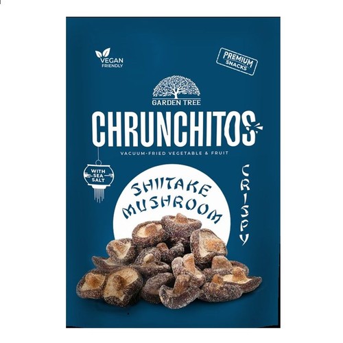 Grzyby shiitake Chrunchitos, smażone próżniowo. Wegańskie, chrupiące przekąski premium z solą morską od Garden Tree.