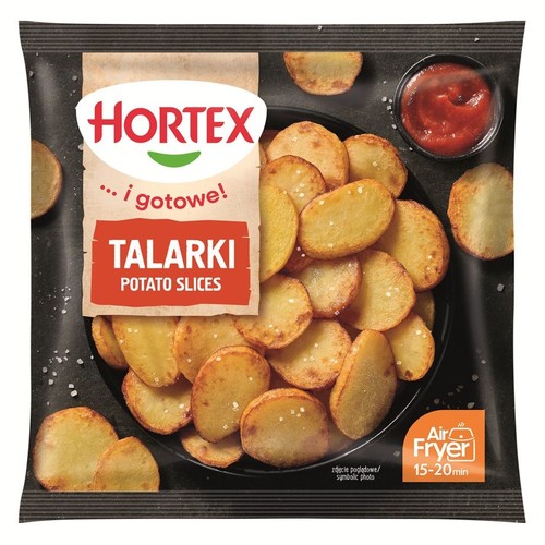 Hortex Talarki, mrożone plasterki ziemniaków w czarnym opakowaniu. Na etykiecie grafika gotowych talarków.