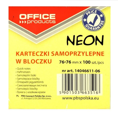 Karteczki samoprzylepne Office Products, neonowe, w bloku, 100 sztuk, o wymiarach 76x76 mm. Opakowanie zawiera informacje o produkcie w wielu językach oraz dane dystrybutora.