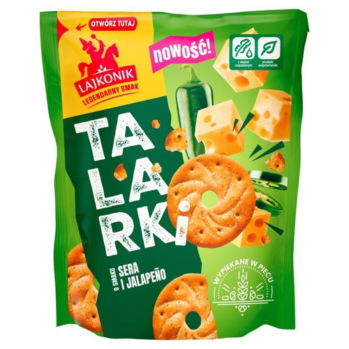Lajkonik Talarki Ser i Jalapeño w zielonej paczce. Z olejem rzepakowym, pieczone w piecu.