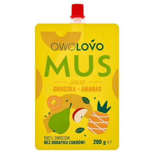 Żółta saszetka OWOLOVO Mus owocowy: jabłko, gruszka, ananas. Bez dodatku cukrów, 200 g. Z czerwoną zakrętką.