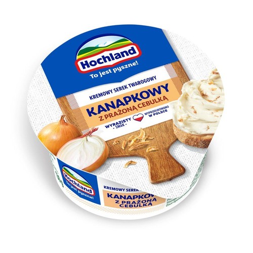 Okrągłe opakowanie serka twarogowego Hochland Kanapkowy z Prażoną Cebulką. Widoczna grafika składników.