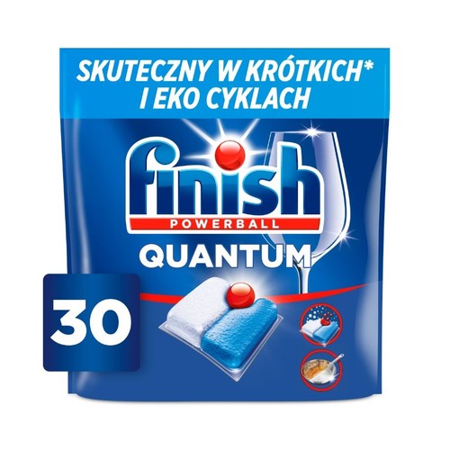 Opakowanie 30 tabletek Finish Powerball Quantum do zmywarki. Produkt skuteczny w krótkich i ekologicznych cyklach mycia.
