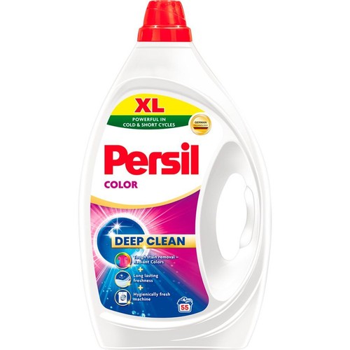 Duże opakowanie płynu Persil Color, 55 prań. Usuwa trudne plamy, odświeża pralkę.