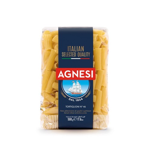 Makaron Agnesi Tortiglioni, 500g, w przezroczystej torebce. Na etykiecie napis "Italian Selected Quality".
